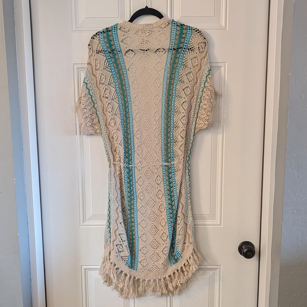 Chico’s 100% Linen Open Knit Duster Cardigan Kimono Cover Up Size 1 Coastal - Picture 3 of 6